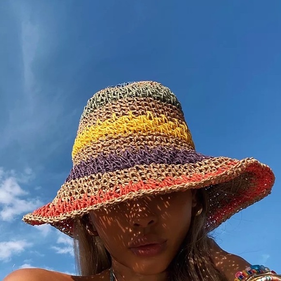 Summer Stripes Travel Sun Hat, Beach Foldable Straw Bucket Pliable Moldable Hat - Picture 4 of 4